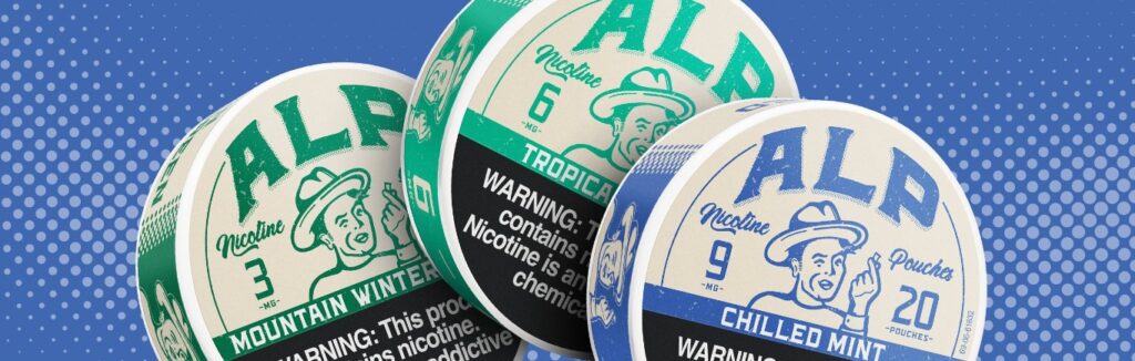 alp nicotine pouches 3mg mountain wintergreen flavor 6mg tropical fruit flavor and 9mg chilled mint flavor.